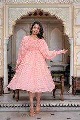 Peach Ethnic Motif Printed Georgette Midi  Dress With Sequins Work-3054PEACH